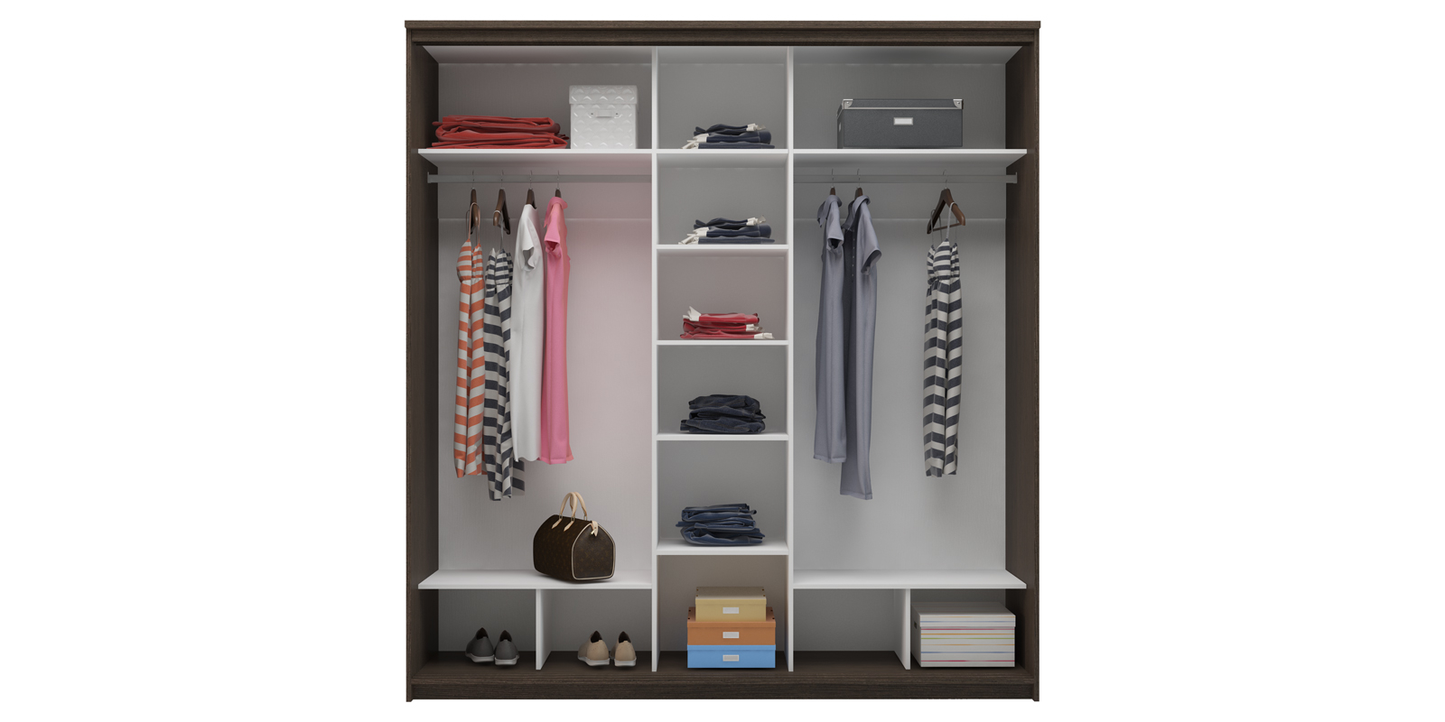 внутреннее наполнение трехдверного шкафа купе